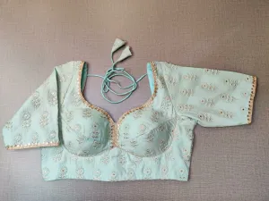50X837-RO Pastel Blue Ready Made Saree Blouse with Golden Lace Border