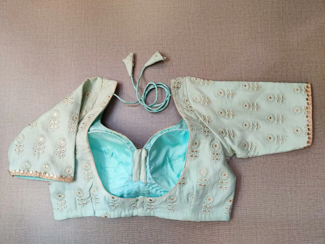 50X837-RO Pastel Blue Ready Made Saree Blouse with Golden Lace Border