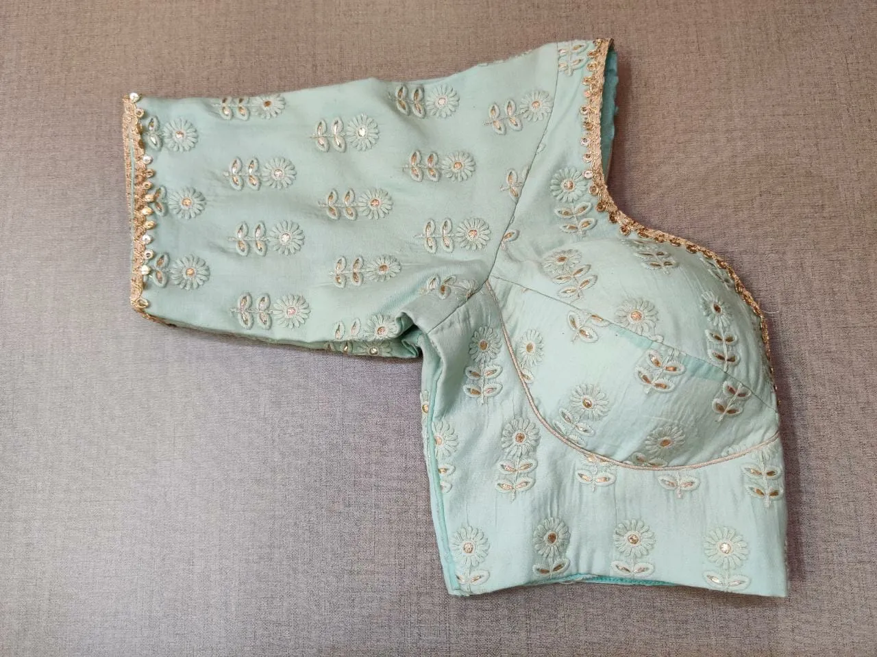 50X837-RO Pastel Blue Ready Made Saree Blouse with Golden Lace Border