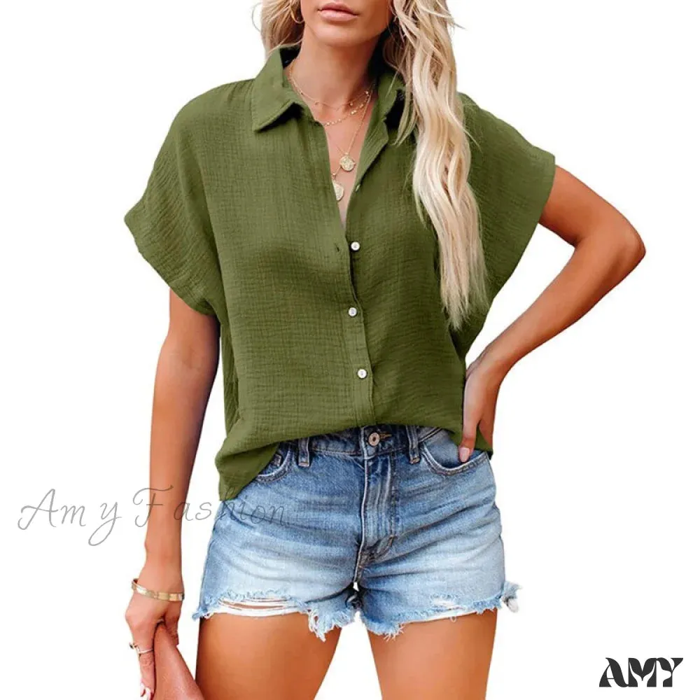 Amy Fashion - Elegant Short Sleeve Cotton Linen Batwing Blouses
