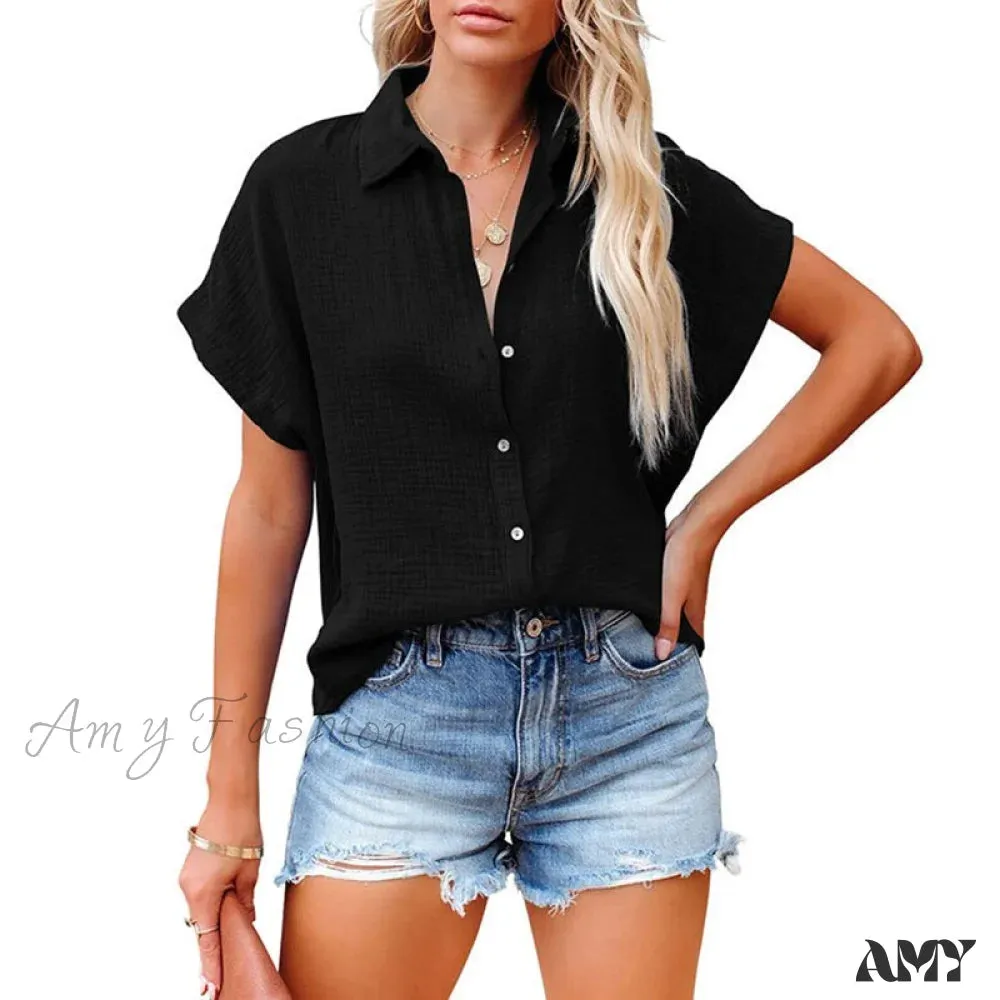 Amy Fashion - Elegant Short Sleeve Cotton Linen Batwing Blouses