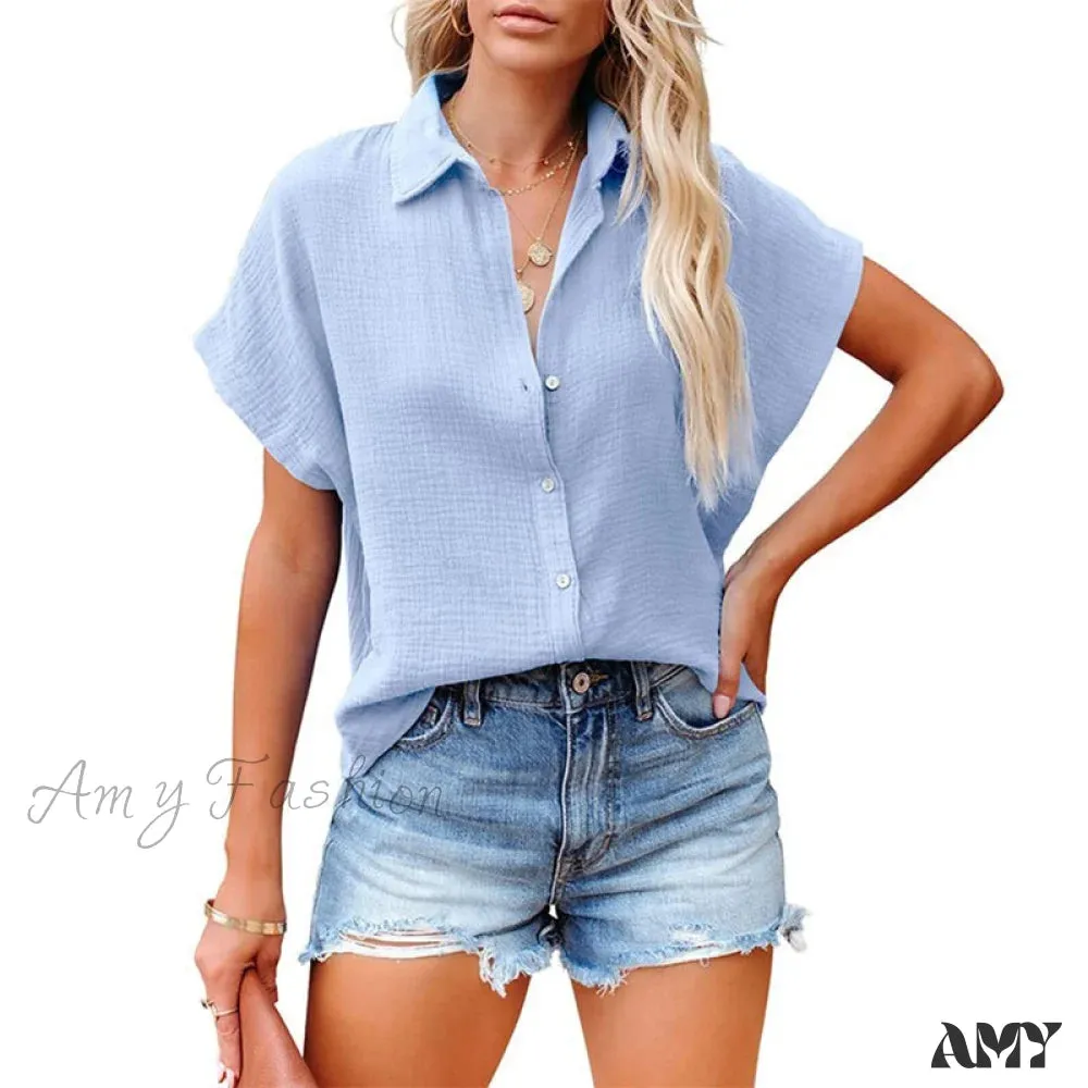 Amy Fashion - Elegant Short Sleeve Cotton Linen Batwing Blouses