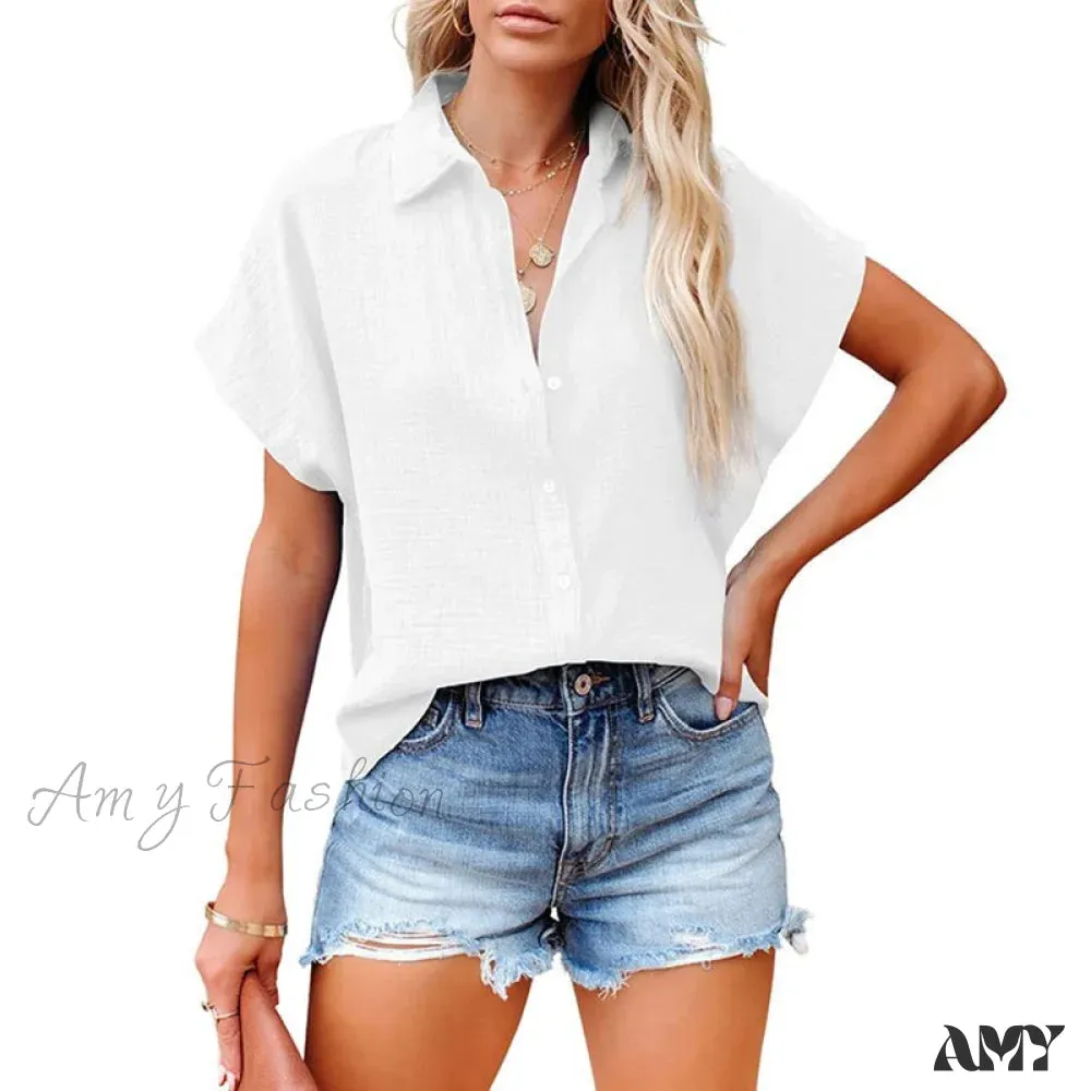Amy Fashion - Elegant Short Sleeve Cotton Linen Batwing Blouses