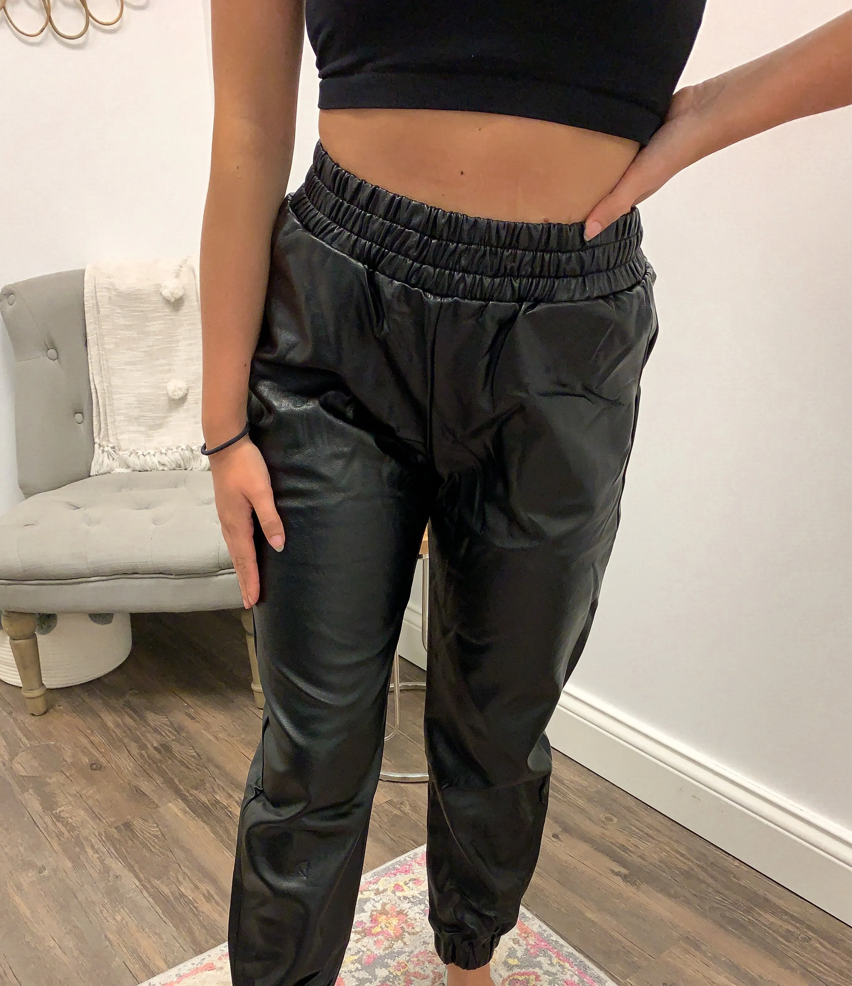 Black Faux Leather Joggers