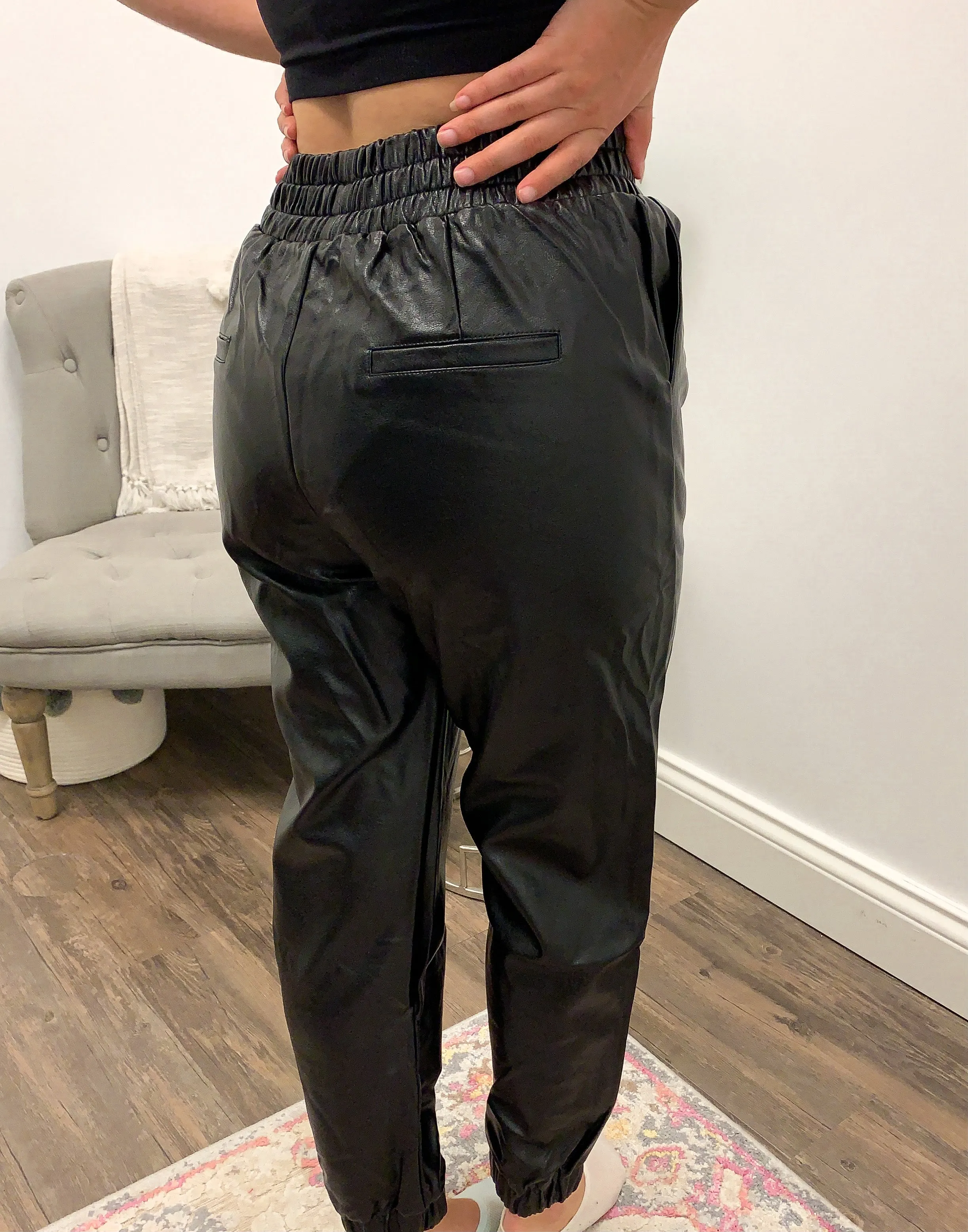 Black Faux Leather Joggers