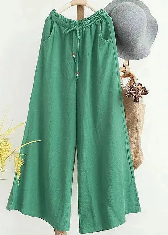 Boho Light Green Pockets Patchwork Drawstring Cotton Pants Spring