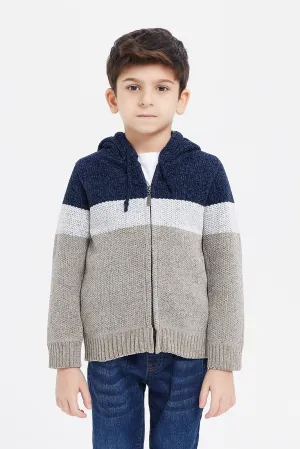 Boys Assorted Strip Hooded Zip Through Cardigan