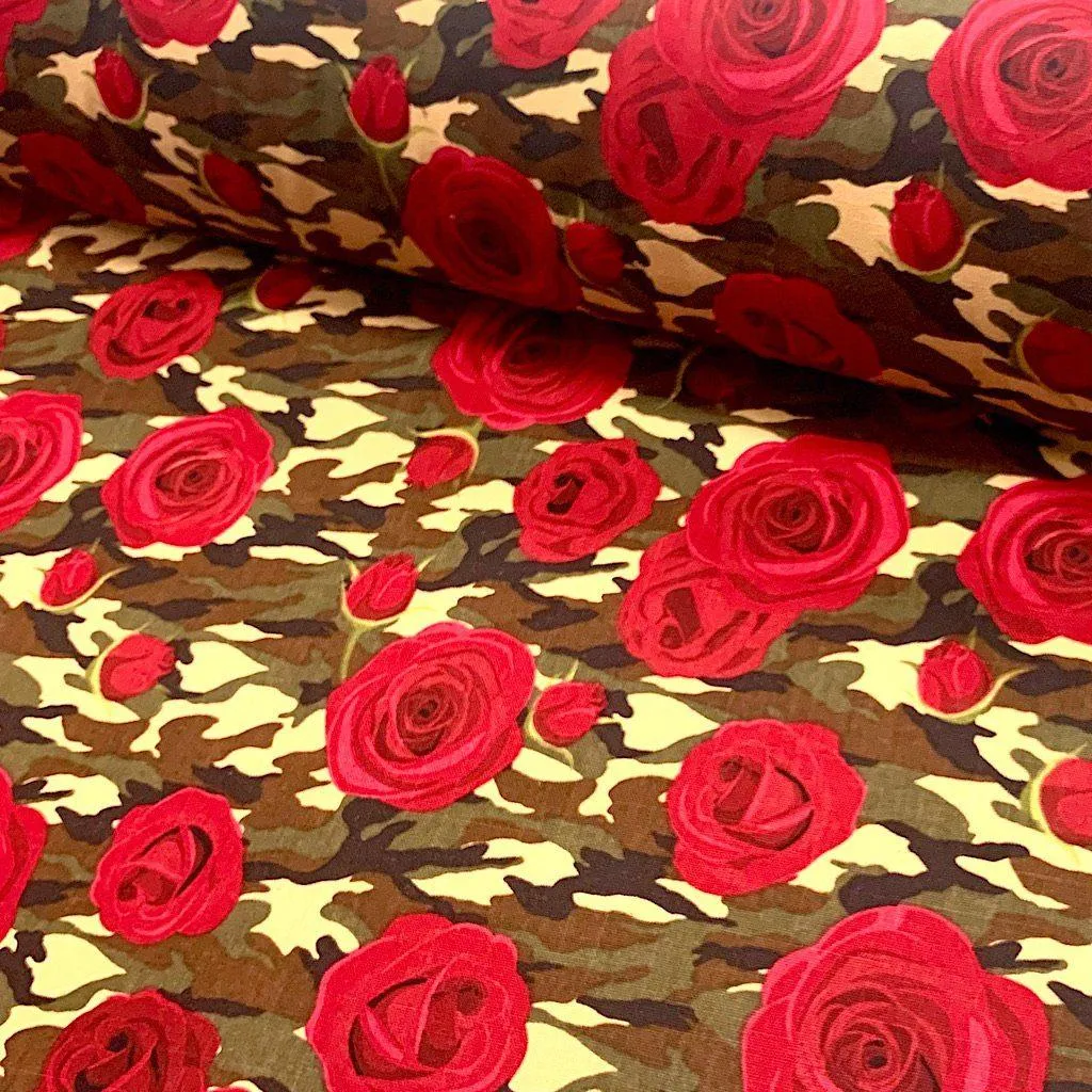 Camo Roses Cotton Canvas Fabric