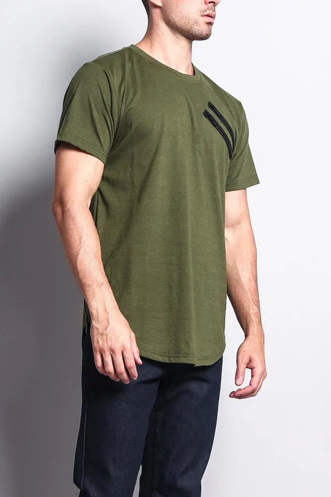 Chest Double Zipper Fishtail Long Length Curved Hem T-Shirt