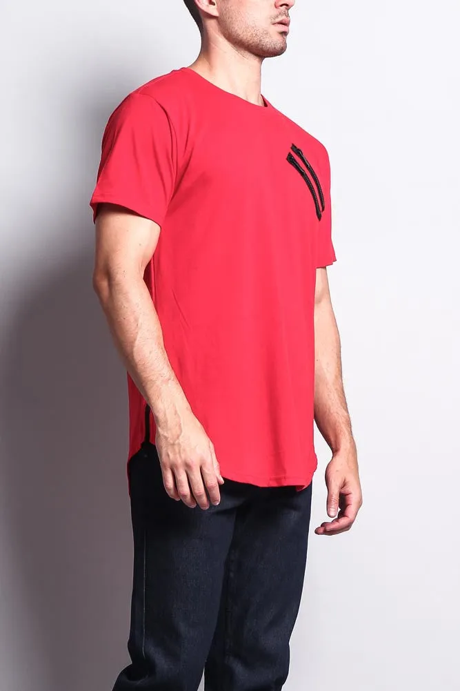 Chest Double Zipper Fishtail Long Length Curved Hem T-Shirt