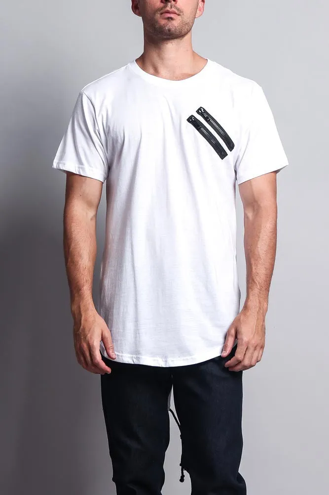 Chest Double Zipper Fishtail Long Length Curved Hem T-Shirt