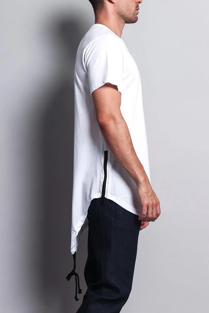 Chest Double Zipper Fishtail Long Length Curved Hem T-Shirt