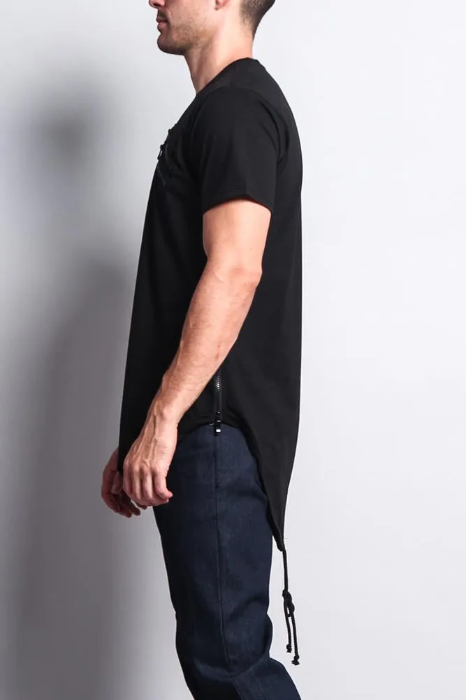 Chest Double Zipper Fishtail Long Length Curved Hem T-Shirt