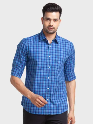 Colorplus Men Blue Checkered Tailored Fit Full Sleeve Spread Collar Shirt