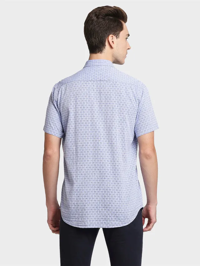 Colorplus Men Blue Checkered Tailored Fit Half Sleeve Spread Collar Shirt