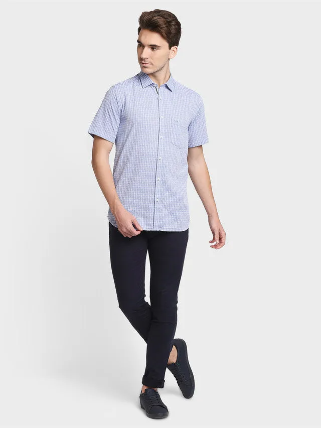 Colorplus Men Blue Checkered Tailored Fit Half Sleeve Spread Collar Shirt