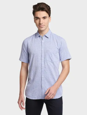 Colorplus Men Blue Checkered Tailored Fit Half Sleeve Spread Collar Shirt