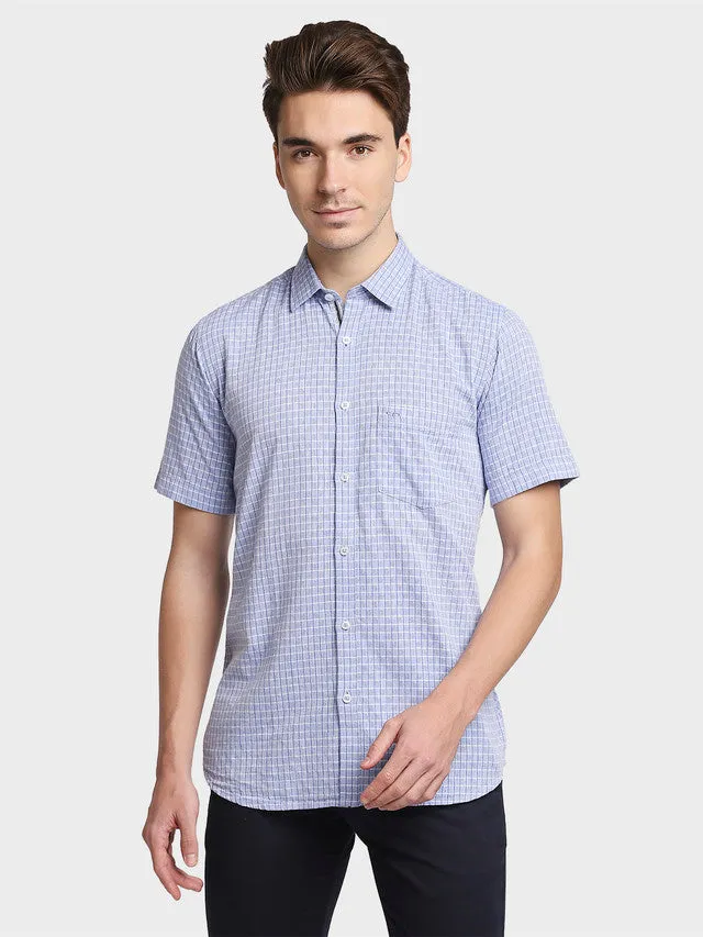 Colorplus Men Blue Checkered Tailored Fit Half Sleeve Spread Collar Shirt