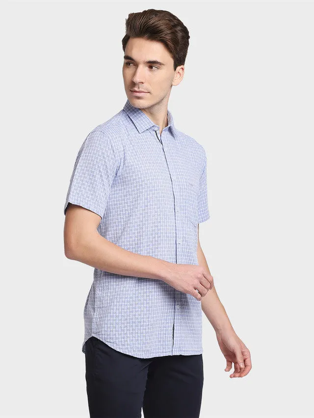 Colorplus Men Blue Checkered Tailored Fit Half Sleeve Spread Collar Shirt