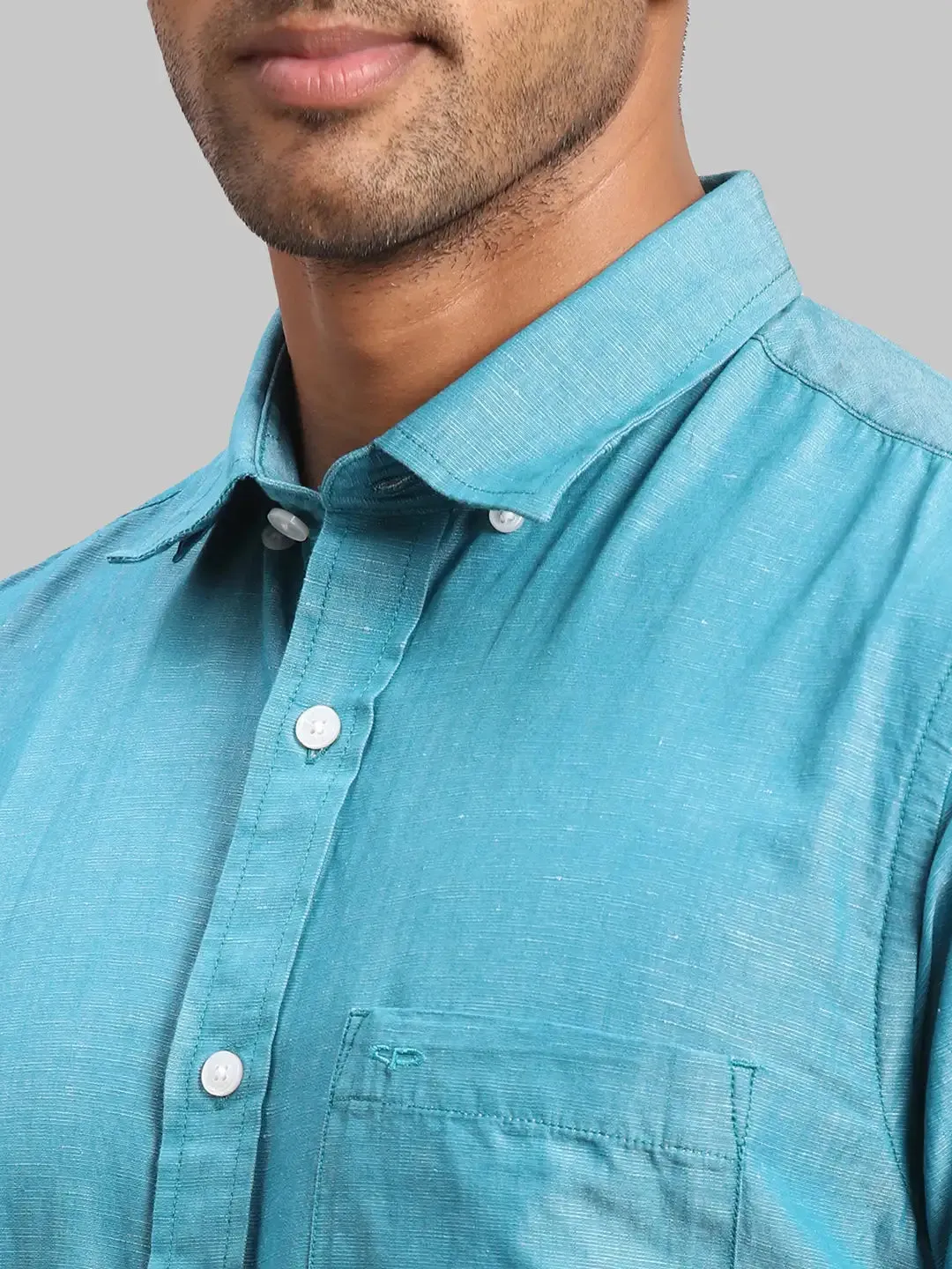 Colorplus Men Blue Warp Chambray Tailored Fit Cotton Blend Casual Shirt