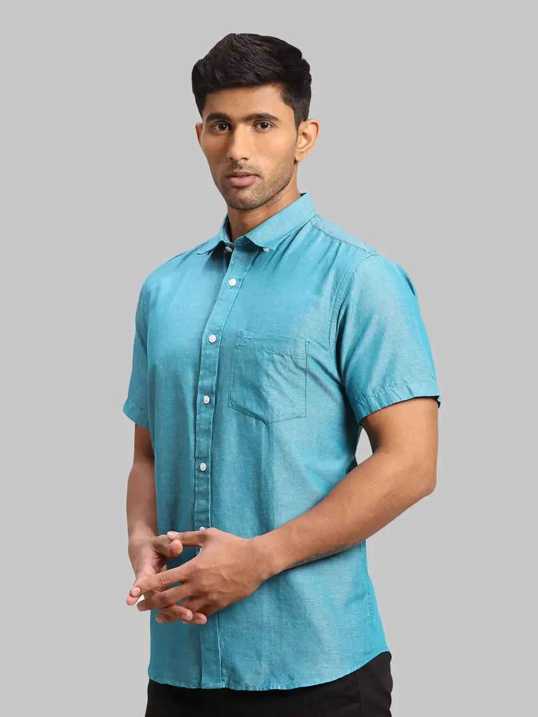 Colorplus Men Blue Warp Chambray Tailored Fit Cotton Blend Casual Shirt