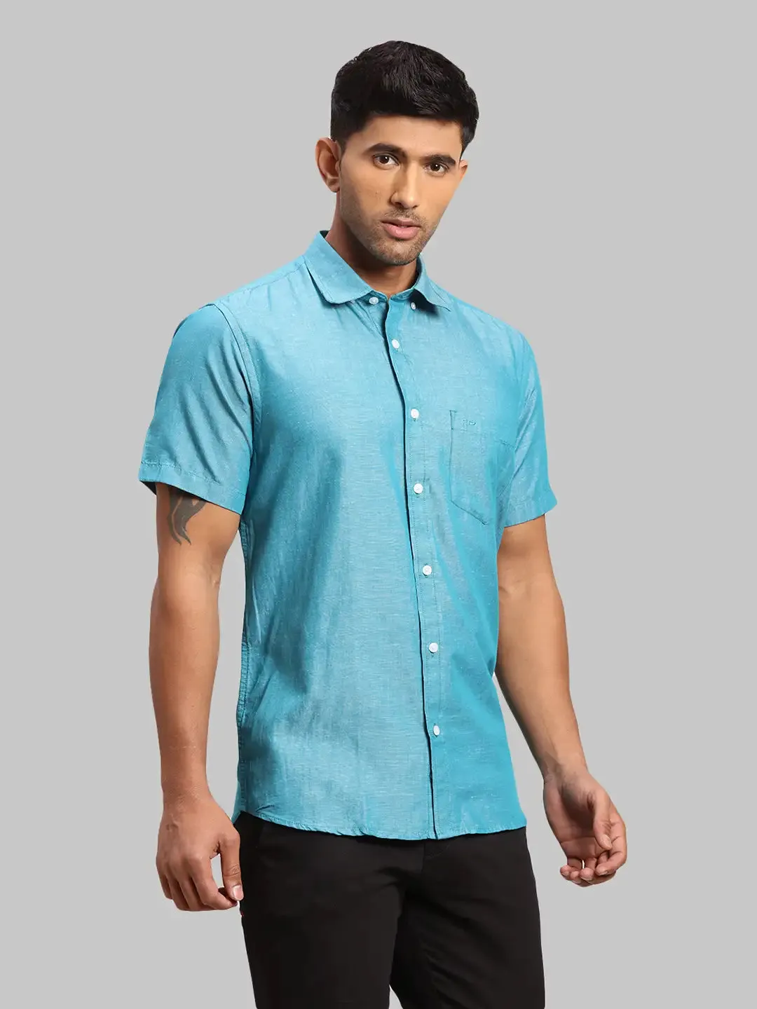 Colorplus Men Blue Warp Chambray Tailored Fit Cotton Blend Casual Shirt