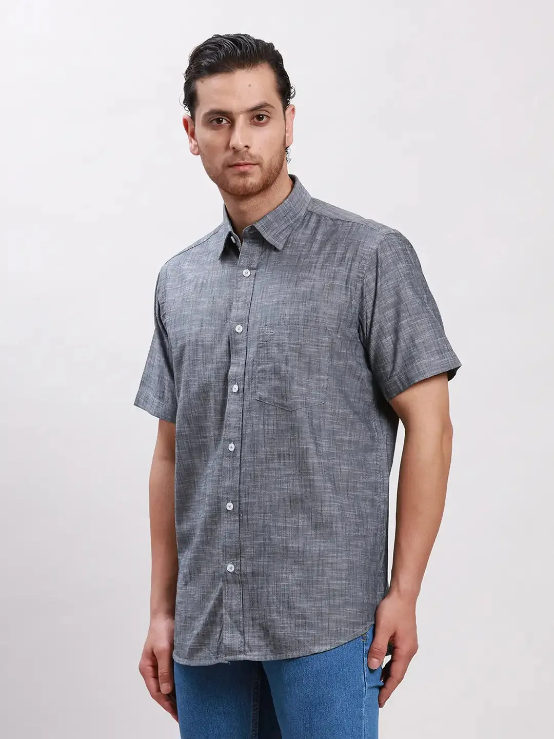 Colorplus Men Grey Tailored Fit Solid Cotton Casual Shirt