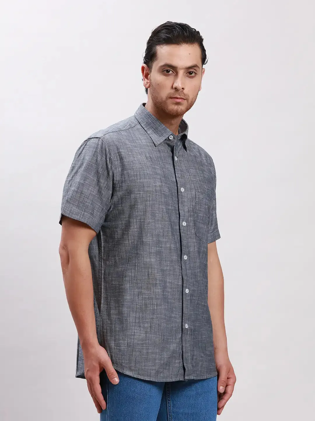 Colorplus Men Grey Tailored Fit Solid Cotton Casual Shirt