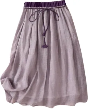Cotton Linen Midi Skirts for Women Elastic Waist Drawstring A-Line Skirts Color Block Casual Loose Long Skirts