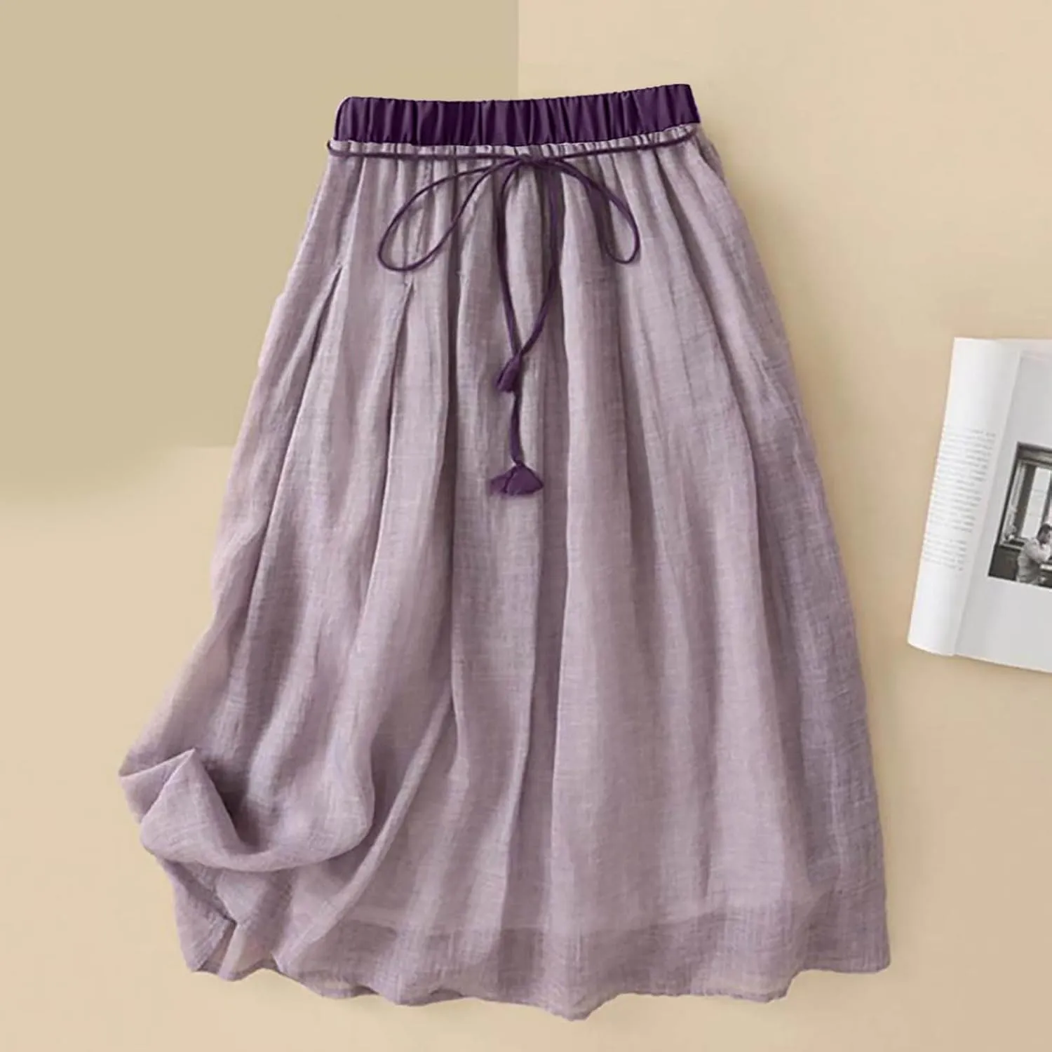 Cotton Linen Midi Skirts for Women Elastic Waist Drawstring A-Line Skirts Color Block Casual Loose Long Skirts