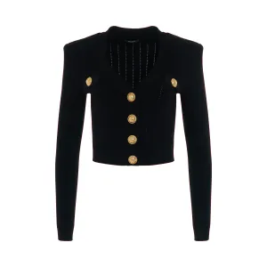 Cropped Buttoned Long Sleeve Knit Cardigan in Black