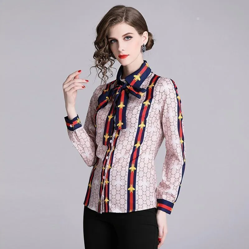 Elegant Silk Blouse Pink Bow Tie Women Shirt