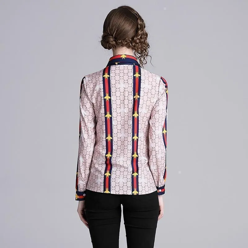 Elegant Silk Blouse Pink Bow Tie Women Shirt