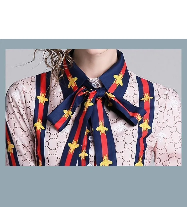 Elegant Silk Blouse Pink Bow Tie Women Shirt