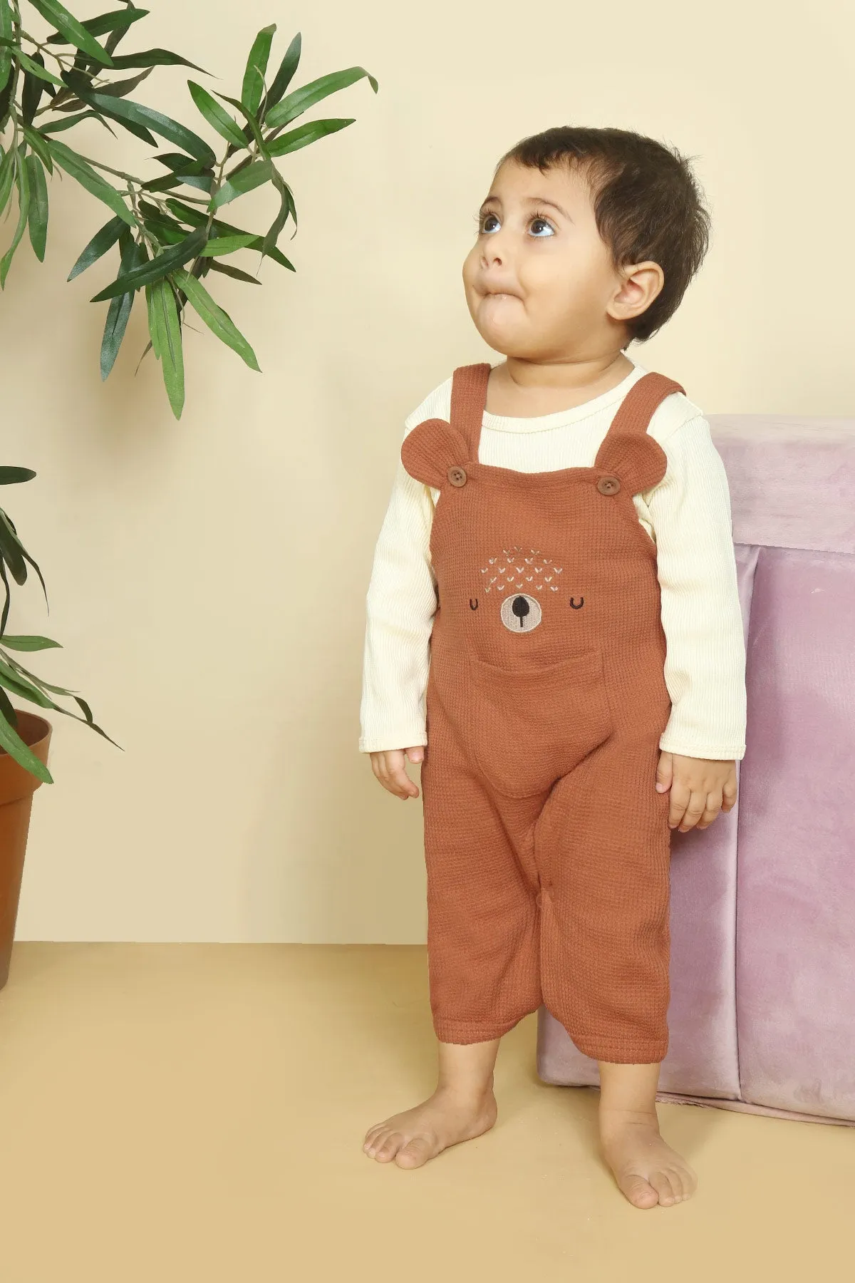 Embroidered Bear Dungaree & Shirt 2pc Set