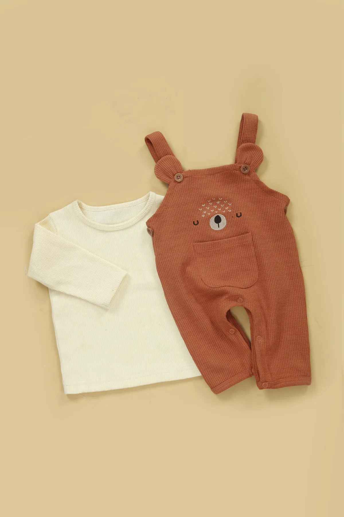 Embroidered Bear Dungaree & Shirt 2pc Set