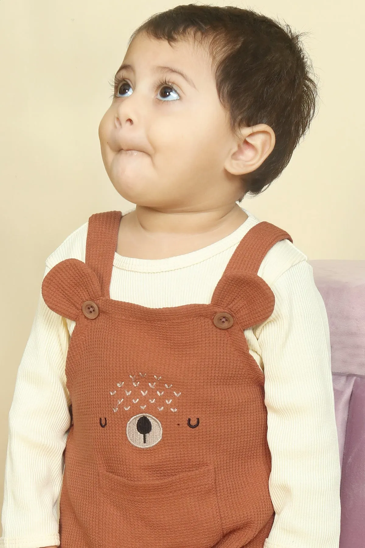 Embroidered Bear Dungaree & Shirt 2pc Set