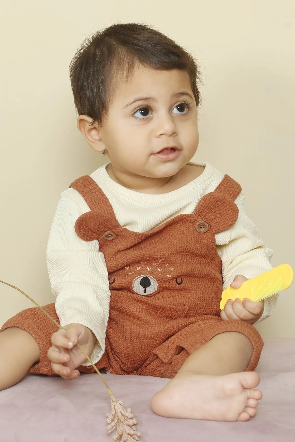 Embroidered Bear Dungaree & Shirt 2pc Set