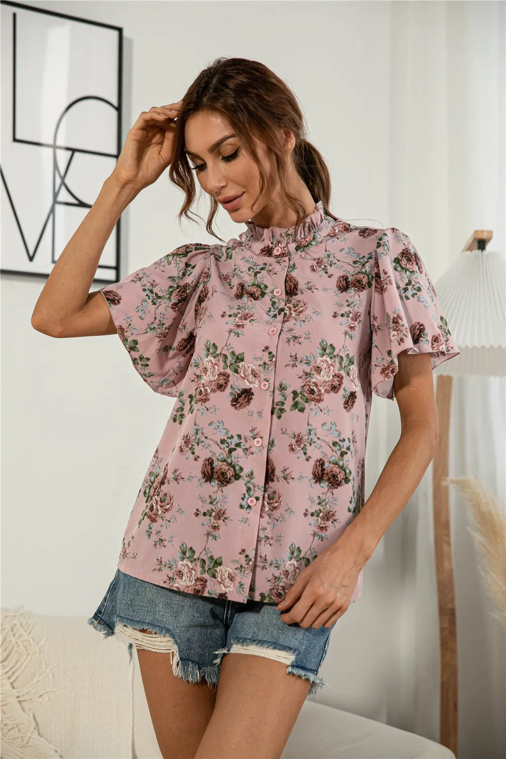 Floral Print Ruffles High Collar Lotus Leaf Sleeve Button Elegant Women Shirts Wholesale Blouse