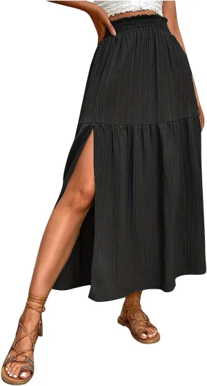 Flowy Skirts for Women Elastic High Waist Ruffle Split Tiered Long Skirts Pleated Casual Summer Beach Bohemian Skirt
