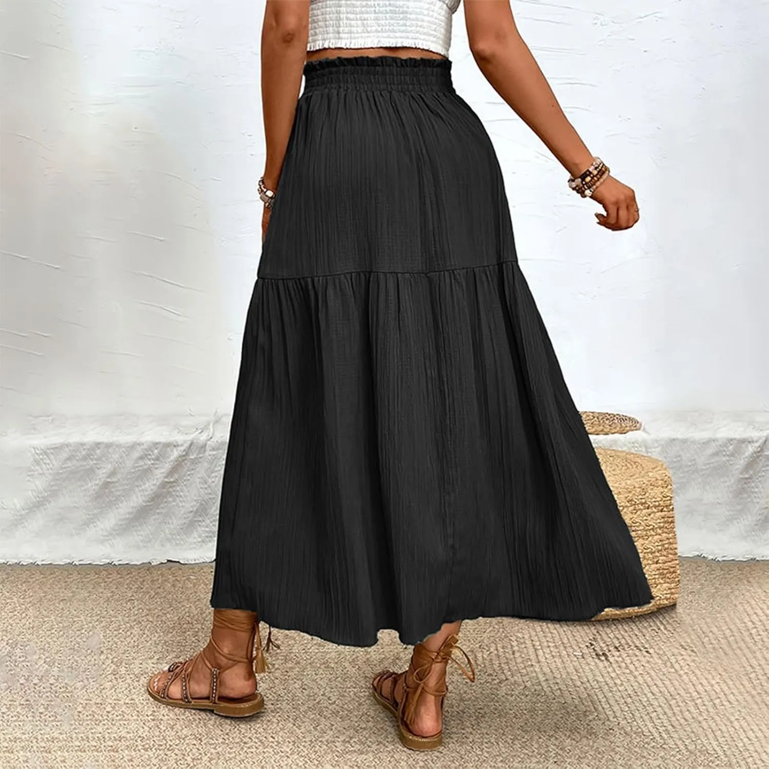 Flowy Skirts for Women Elastic High Waist Ruffle Split Tiered Long Skirts Pleated Casual Summer Beach Bohemian Skirt