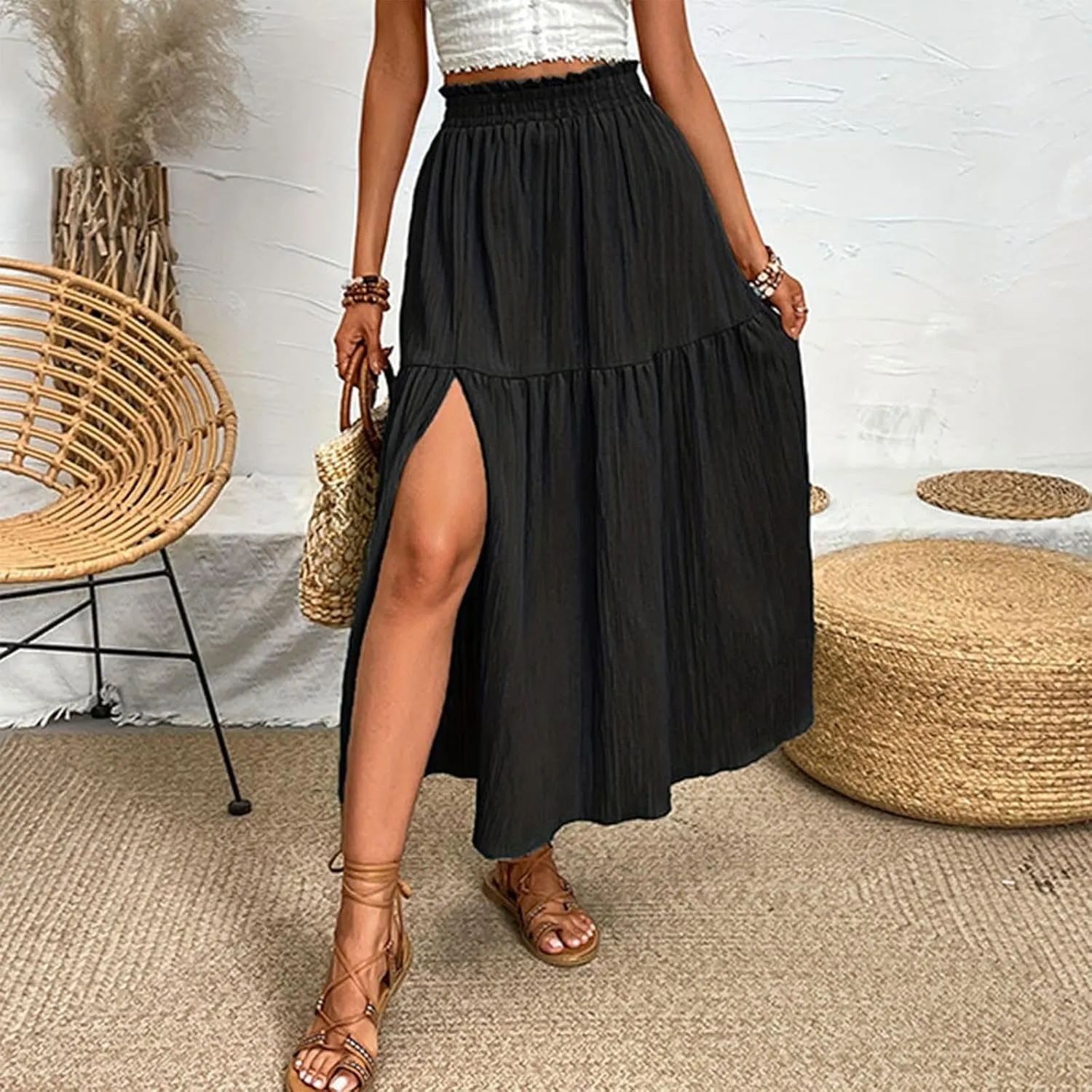 Flowy Skirts for Women Elastic High Waist Ruffle Split Tiered Long Skirts Pleated Casual Summer Beach Bohemian Skirt