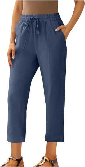 FZYLQY Womens Casual Linen Drawstring Pants with Pockets Relaxed Fit Trousers for 2025 Summer Beach Vacation Wear