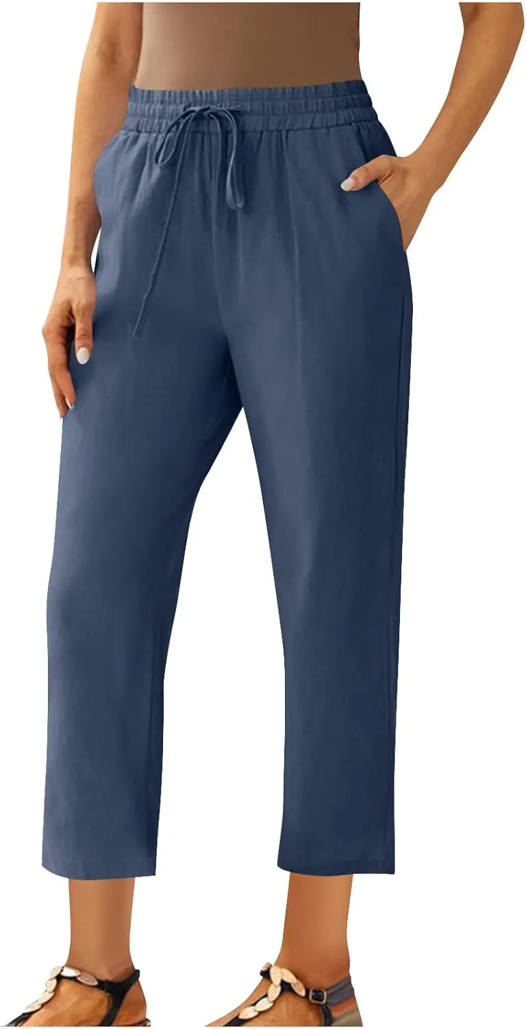 FZYLQY Womens Casual Linen Drawstring Pants with Pockets Relaxed Fit Trousers for 2025 Summer Beach Vacation Wear