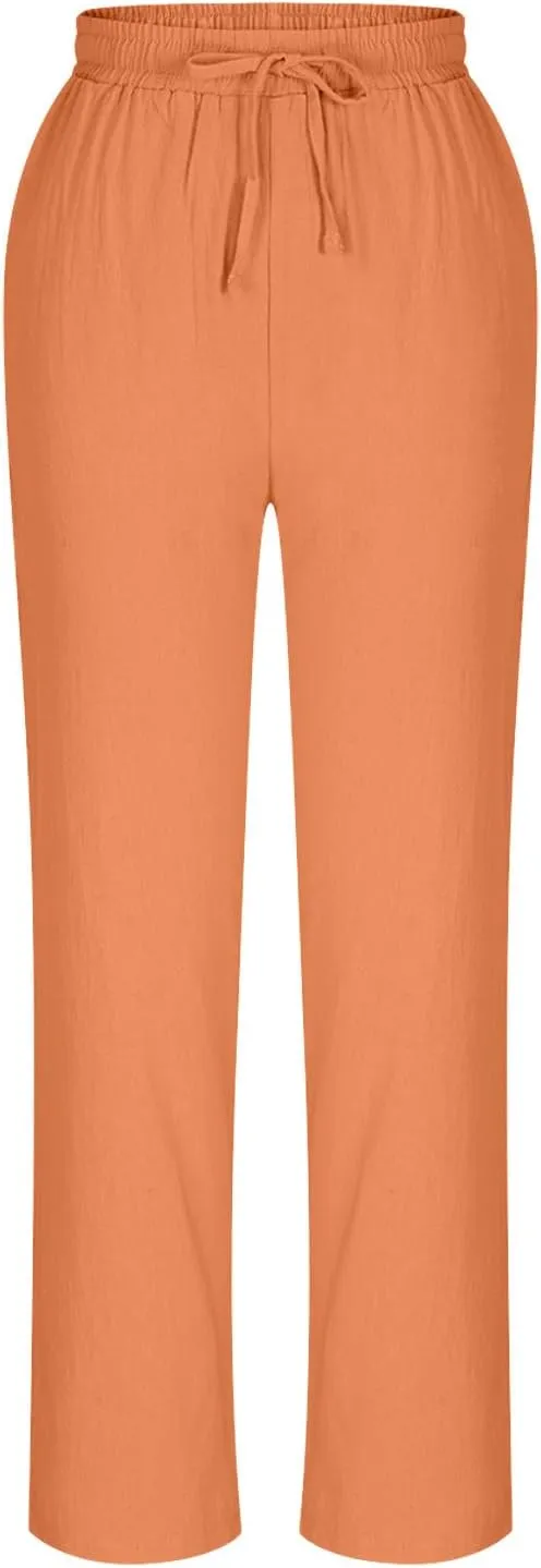 FZYLQY Womens Casual Linen Drawstring Pants with Pockets Relaxed Fit Trousers for 2025 Summer Beach Vacation Wear