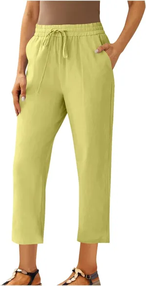 FZYLQY Womens Casual Linen Drawstring Pants with Pockets Relaxed Fit Trousers for 2025 Summer Beach Vacation Wear