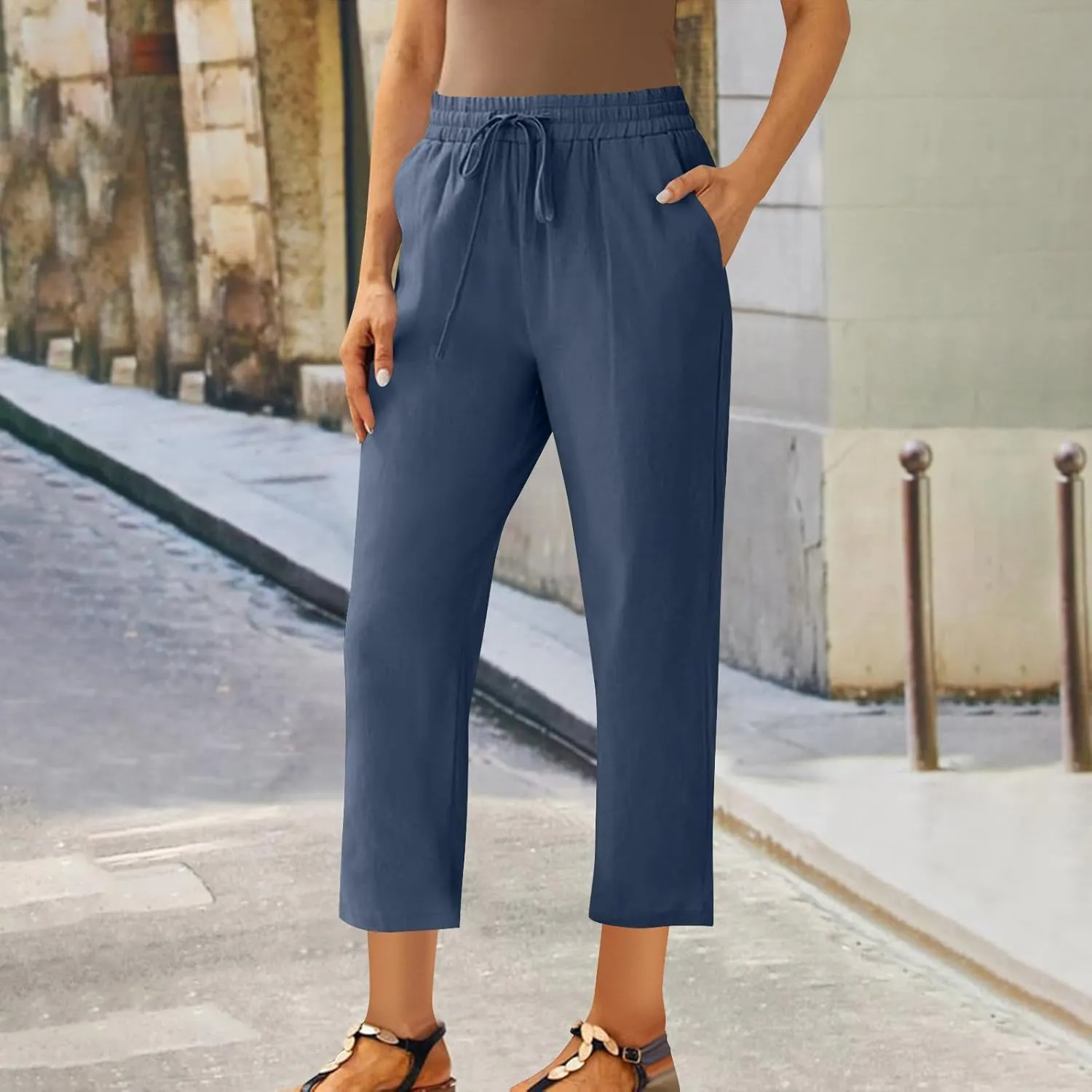 FZYLQY Womens Casual Linen Drawstring Pants with Pockets Relaxed Fit Trousers for 2025 Summer Beach Vacation Wear