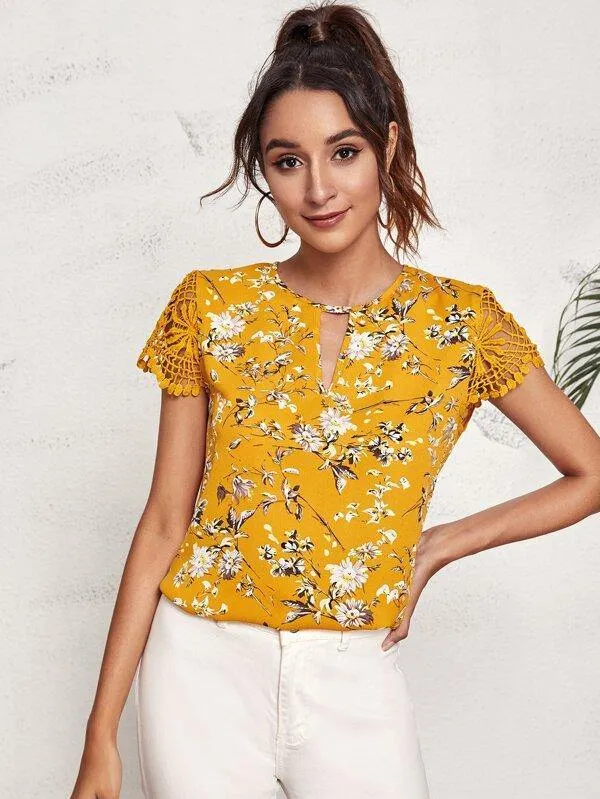 Guipure Lace Sleeve Keyhole Floral Top