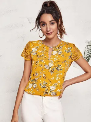 Guipure Lace Sleeve Keyhole Floral Top