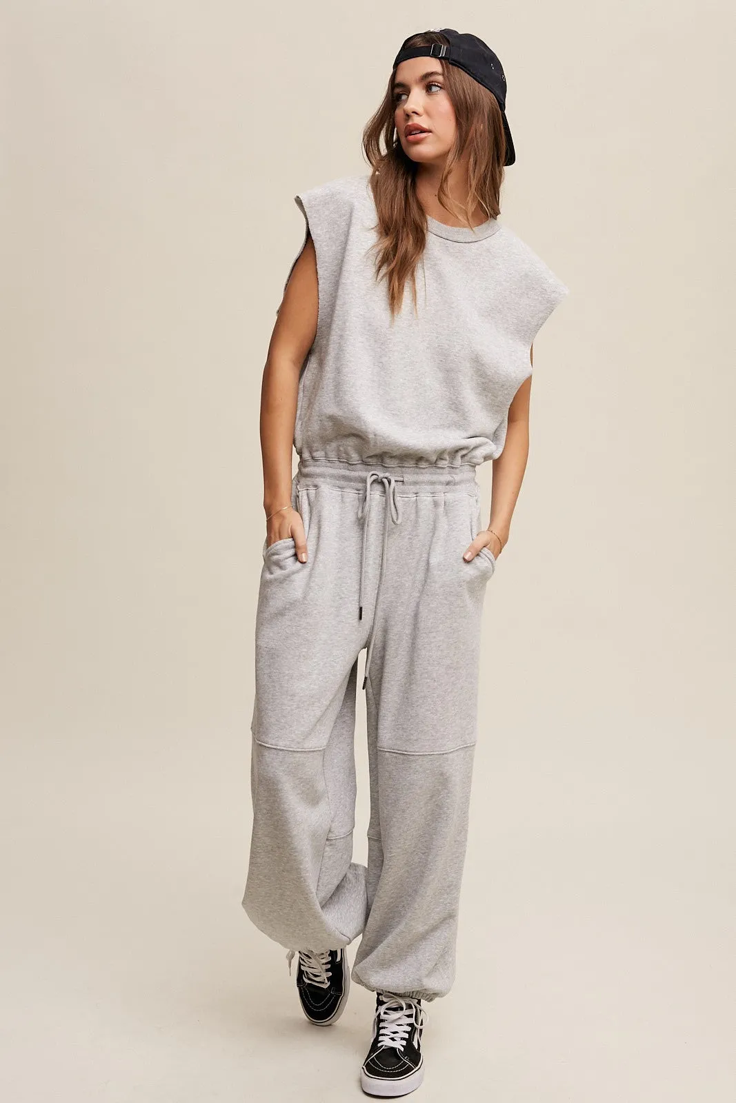 Heather Grey French Terry Loose Jogger Jumpsuit